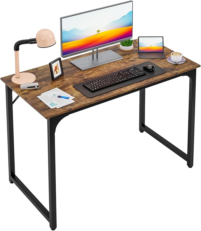 PayLessHere | 39 Inch Computer Desk | Brown | Office Desk with Metal Frame, Adjustable Feet | Water-Resistant, Scratchproof Surface | Sturdy Writing Table for Home Office or Study | Pack of 1