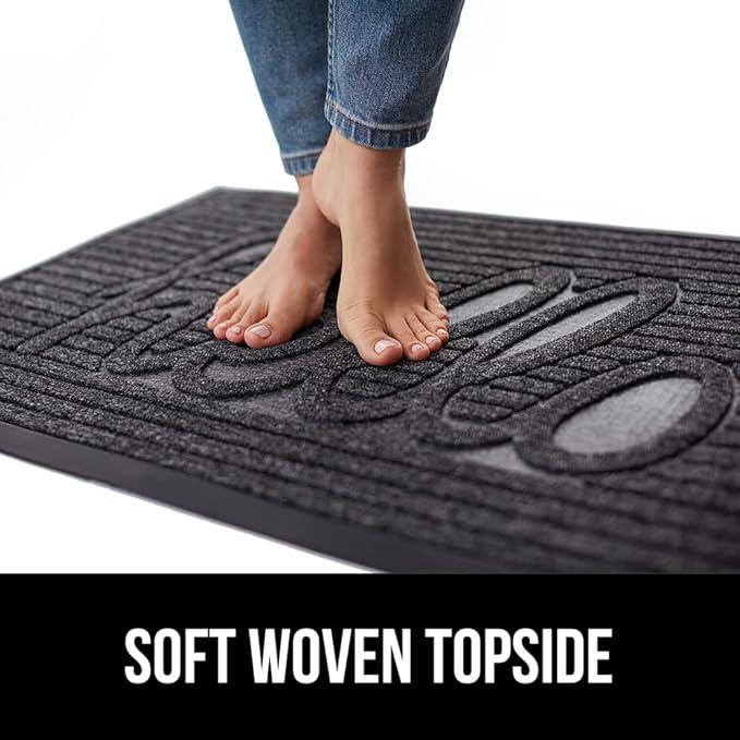 GORILLA GRIP 100% Waterproof All-Season WeatherMax Doormat, US Designed Natural Rubber, Stain and Fade Resistant, Low Profile Indoor Outdoor Door Mats, Easy Clean Patio Mat, 17x29, Charcoal Hello