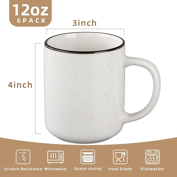 Ceramic Coffee Mug 12 oz Porcelain Coffee Mugs Set of 6 - Ceramic Coffee Cups with Handle and Speckled Patterns for Latte, Tea, Cocoa, Milk, Cappuccino, Microwave & Dishwasher Safe