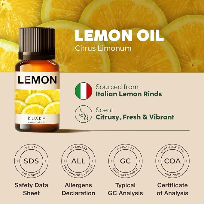 Kukka Lemon Essential Oil for Skin, Diffuser & DIY - 0.34 Fl Oz - 100% Pure Natural, Fresh Lemon Scent, for Cleaning，Aromatherapy,Candles,Soap Making Scent DIY