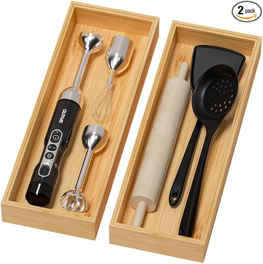 Bamboo Drawer Organizer for Kitchen & Bath, Extra Large Stackable Tray for Silverware, Toiletries & Utensils, 2 Pcs, 17" x 6" x 2" (Outer), 16.3" x 5.3" x 1.77" (Inner)