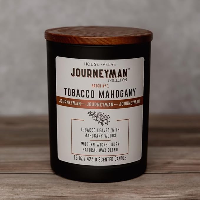 Journeyman Collection Candle, 15oz, Wooden Wick, Tobacco Mahogany, Large Painted Jar
