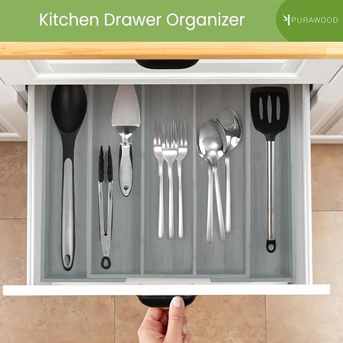 Purawood Kitchen Drawer Organizer - Expandable Utensil Drawer Organizer for Kitchen, Cutlery Tray & Silverware Organizer, 3-5 Slots - Bamboo Organizer for Utensils & Flatware (Grey)