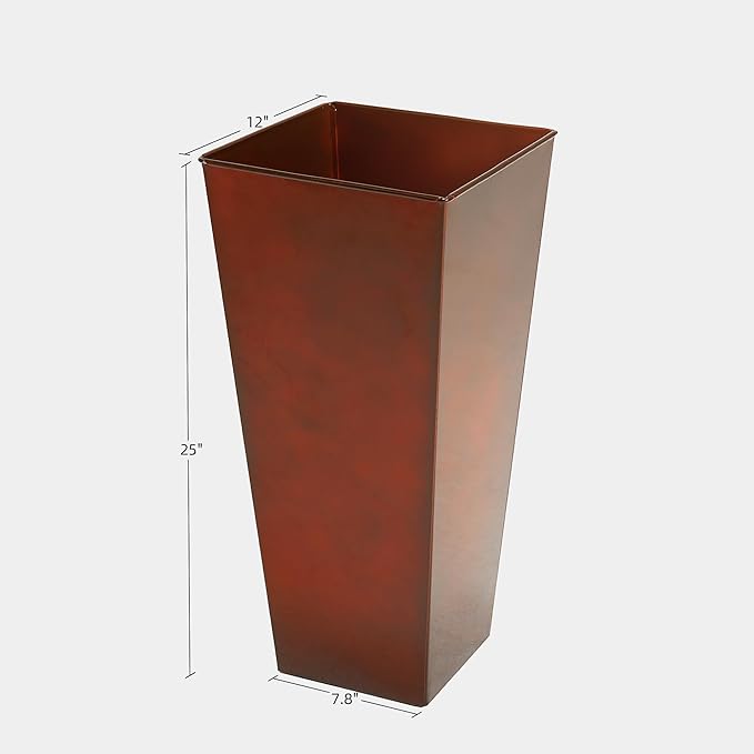 KOL 25''H. Galvanized Steel Planter with Saucer, Tall Glazed Planter Pots for Indoor & Outdoor Use, Set of 2, Decorative Flower Plant Pots with Drainage Hole for Porch, Patio, Deck - Reddish Brown