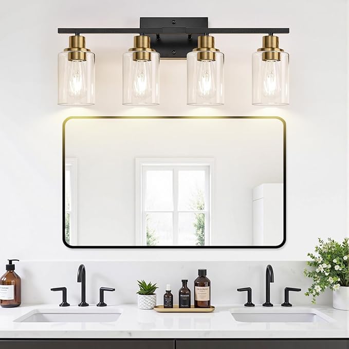 4-Light Bathroom Light Fixtures, Black and Gold Modern Vanity Lights with Clear Glass Shades, Bathroom Wall Lamp for Mirror Living Room Cabinet Bedroom Porch