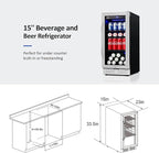 15'' Beverage Refrigerator and Beer Fridge Under Counter Built-in or Freestanding,127 Cans Beverage Cooler with Glass Door and Lock for Bottles and Cans Beer/Soda/Water/Wine