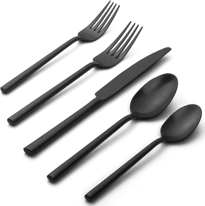 Alata Potter Black 20-Piece Forged Silverware Set, Service for 4 Stainless Steel Flatware Set, Modern Design with Satin Finish, Ideal for Home, Kitchen, Party, Camping