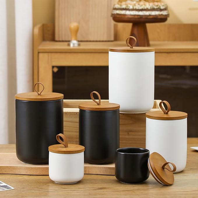 Ceramic Storage Jars, Modern Elegant Highly Polished Airtight Gorgeous Storage Canisters with Wooden Lid Small Food Stroage Jar for Kitchen Spice Tea Vanilla Sugar Coffee Beans (White tuba)