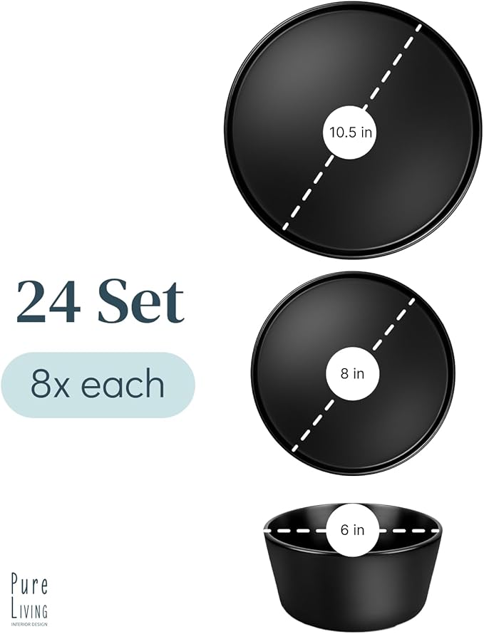 Matte Black Dinnerware Set - Ultra Chic Stoneware for 8-24pcs Plate Set - Dishwasher and Microwave Safe - Ceramic Plates and Bowls