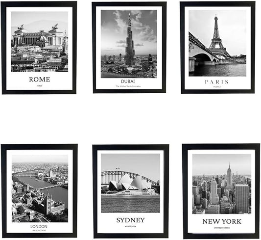Black And White Wall Art Decor,New York, London, Tokyo, Paris, Eiffel Tower Wall Decor Art,Modern Boho Wall Art for Living Room Bedroom Prints Poster,8x10 Inch Set of 6,Framed