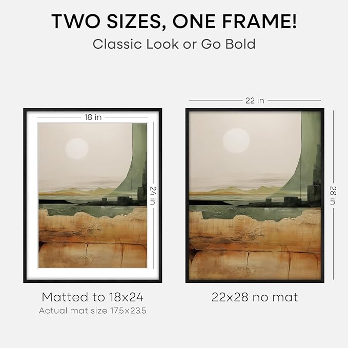 Homeforia 22x28 Poster Frame Black, High End Oak Wooden Picture Frame 22x28 with Mat 18x24, Tempered Glass, Wall Hook Included, Set of 1