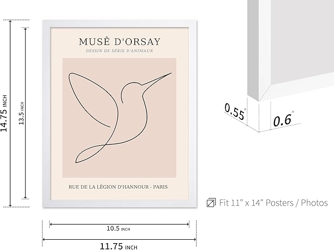 Poster Master Vintage Poster - Retro One Line Hummingbird Drawing Print - Bird Line Art - Minimal Gift for Him, Her, Animal Lover - Abstract Decor for Home, Office, 11x14 White Framed