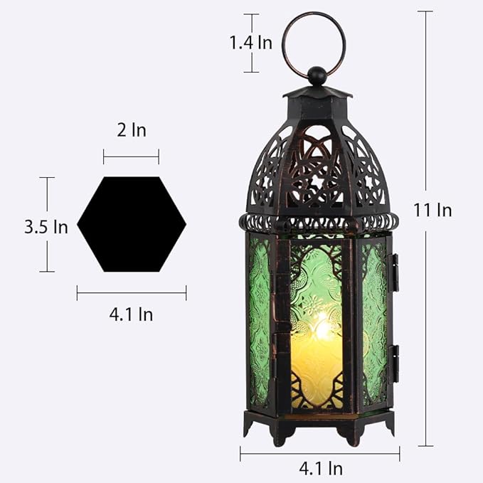 NEEDOMO Hanging Moroccan Lantern, 11'' Vintage Candle Holder, Metal Lanterns Decorative Indoor Outdoor, Table, Patio, Porch, Shelf, Gothic Home Decor (Green, Medium Size)