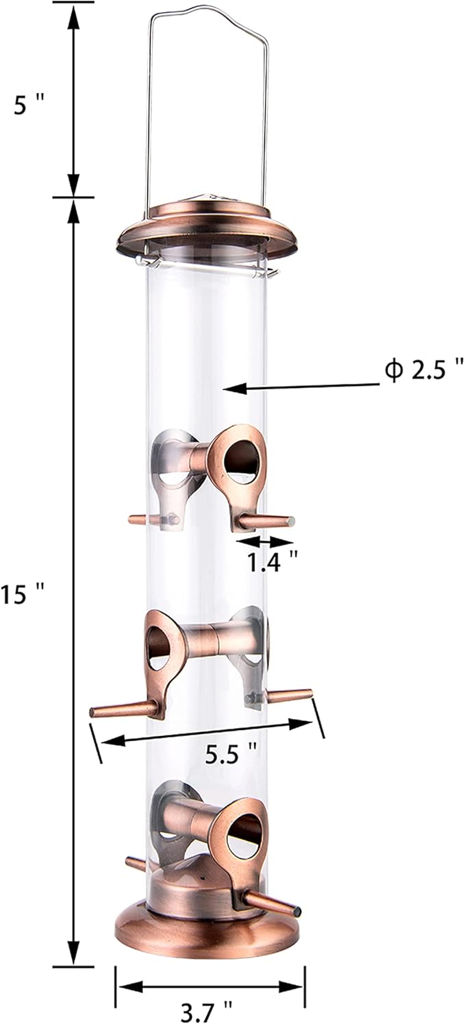 iBorn Metal Bird Feeders Brushed Copper Wild Bird Feeder for Outdoors Hanging All Metal Brushed Copper Finishing 14 Inch 6 Port,Pack of 2