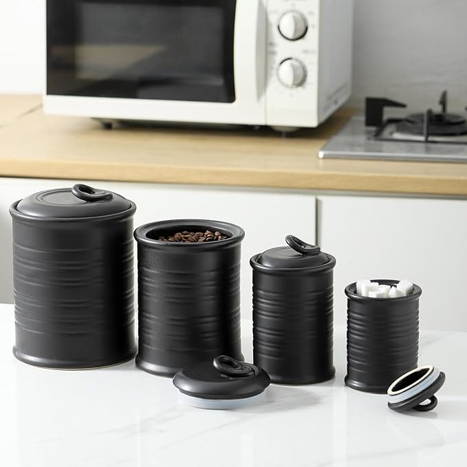 Nihow Food Storage Jar Sets: Ceramic Container with Air Tight Lid for Flour/Sugar/Rice/Coffee/Cookies/Candy - Seal Damp-proof Canister for The Kitchen Counter - Set of 4 （Matte Black）
