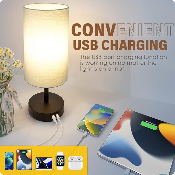 Yarra-Decor Bedside Lamp with USB Port - Touch Control Table Lamp for Bedroom 3 Way Dimmable Nightstand Lamp with Round Grey Fabric Shade for Living Room, Dorm, Home Office (LED Bulb Included)