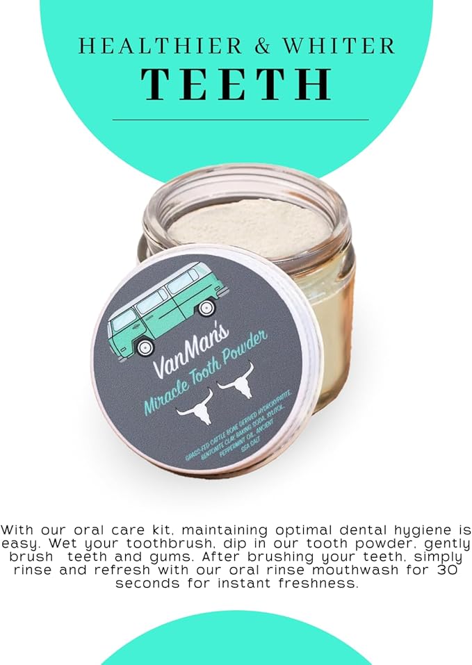 Vanman’s - Mint and Bone Tooth Powder Toothpaste - Remineralizing Tooth Powder with Cattle Bone Derived Hydroxyapatite, Bentonite Clay, Peppermint Oil and Baking Soda - 2.2 oz
