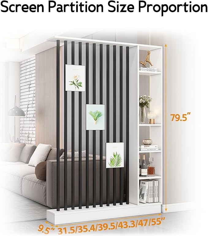 Wall Room Divider, Storage Cabinet Storage Display with Shelves, Modern Freestanding Wood Room Divider Screen, Wall Privacy Screens for Home Decorative (White+Black,31.5" L x 9.5" W x 79.5" H)