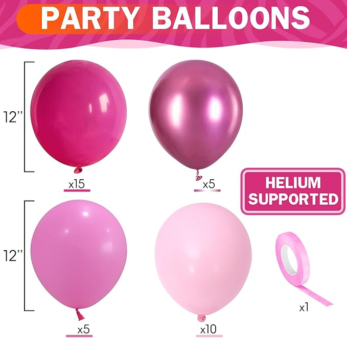 Pink Balloons Set 12 Inch Hot Dark Magenta Light Pastel Pink Metallic Latex Helium Balloon for Girls Baby Shower Princess Wedding Birthday Party Decorations