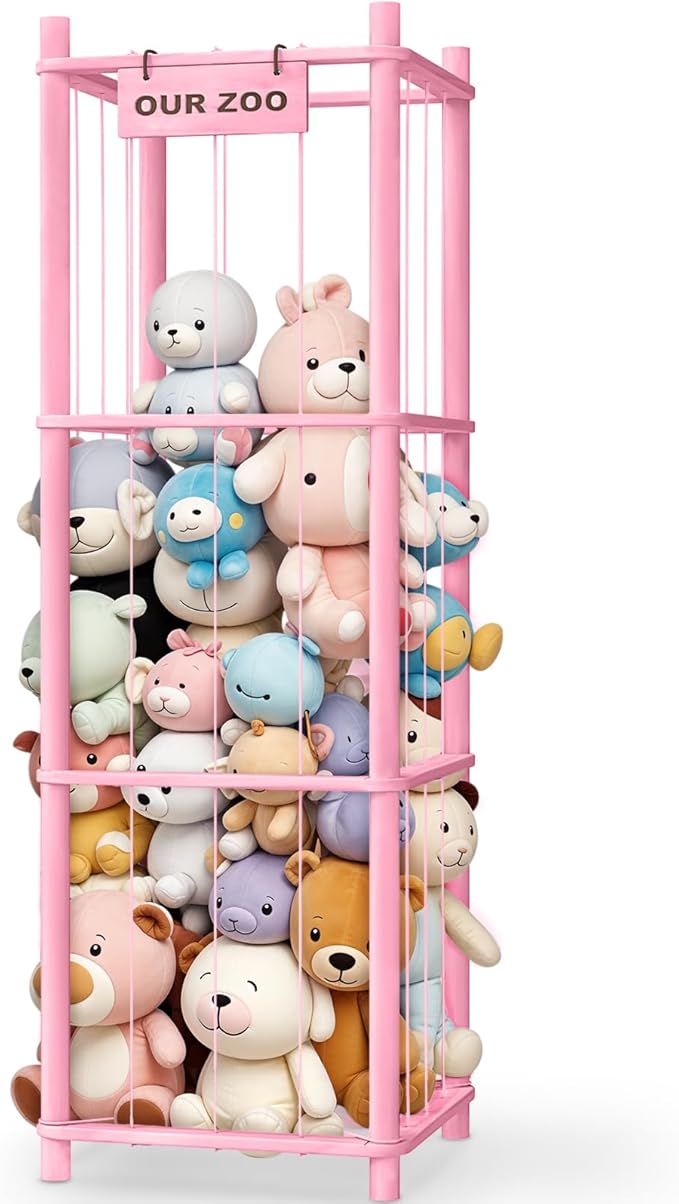 Stuffed Animal Storage & Organizer, Wooden Cute Zoo Toy Holder for Toddler Rooms, Playrooms & Bedrooms（Pink）