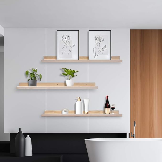 AZSKY 36 Inch Picture Ledge Shelf Solid Wood Large Floating Shelves Wall Mounted Rustic Natural Shelves for Home, Living Room, Bedroom, Bathroom, Office 3 Same Sizes