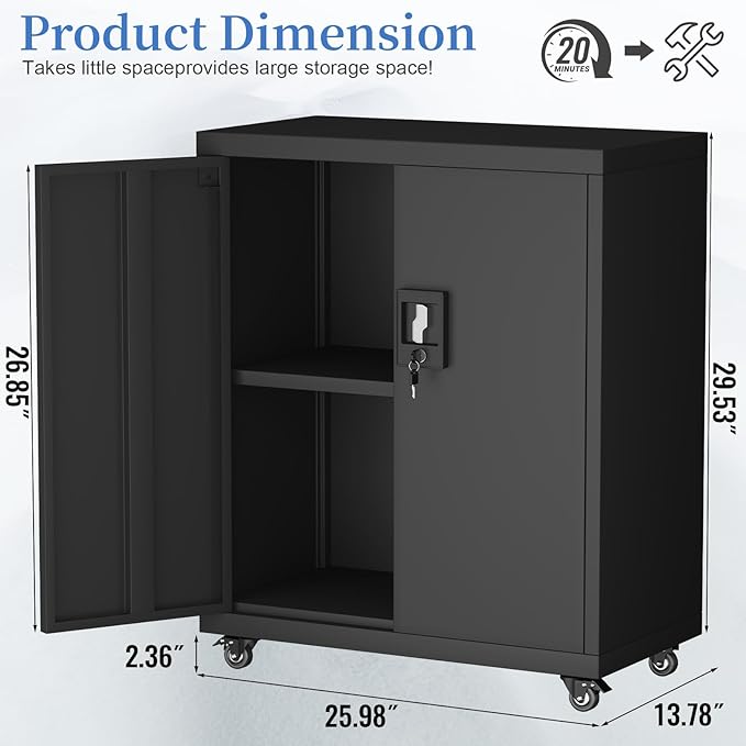 Metal Storage Cabinet with Wheels,Lockable Steel Rolling Storage Cabinet with 2 Doors for Garage,Home Office,Assembly Required,Black
