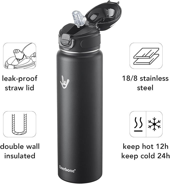 Enerbone 32 oz Insulated Water Bottle, Stainless Steel Bottle with Carrying Strap, Double-Wall Vacuum Insulation Design, Leakproof Sports Bottle with Straw, Keep Drinks Cold or Hot for Hours