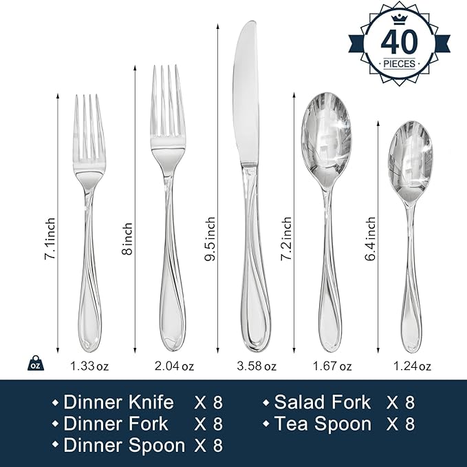 HIKAA Wave Design Silverware Gift Set for Wedding, 40-Piece Artistic Stainless Steel Flatware in Gift Box, Fibonacci Pattern Cutlery Set Service for 8, Mirror Polished