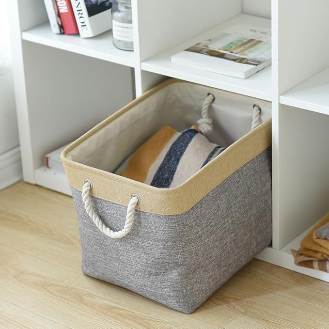 TheWarmHome Storage Basket for Organizing - Fabric Large Cubes 3 Pack 16x12x12 inch Baskets, Cube Storage Bin for Shelves Organizer Closet Cloth Gift Toy (Gold & Grey)