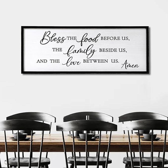 Bless the Food Before Us, the Family Beside Us, and the Love between us Framed Wall Art for Christian God Jesus Christ Prayer, 40''×15'' Positive Holy Religious Rustic Bible Verse for Dining Room