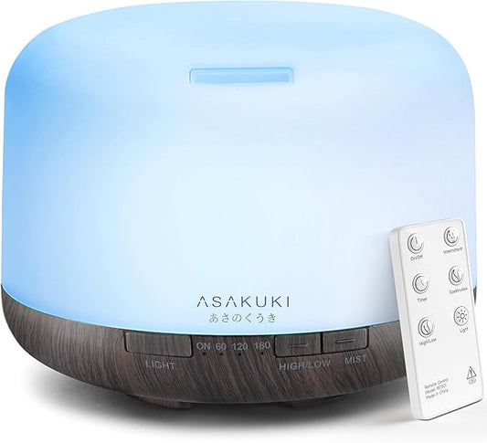 ASAKUKI 500ml Premium, Essential Oil Diffuser with Remote Control, 5 in 1 Ultrasonic Aromatherapy Fragrant Oil Humidifier Vaporizer, Timer and Auto-Off Switch Brown