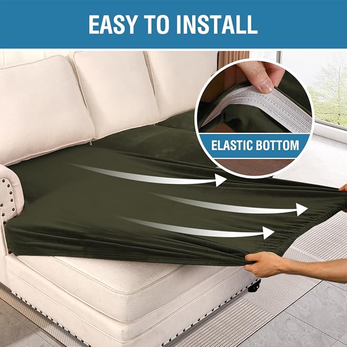 H.VERSAILTEX Velvet Stretch Sectional Couch Covers 4 Pieces Sofa Seat Cushion Covers L Shape Separate Couch Cover for Both Left/Right Sectional Couch (Large Sofa 3 Seater + 1 Chaise, Olive)