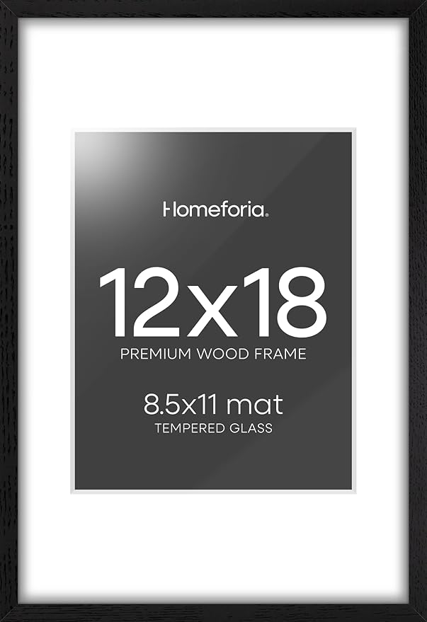 Homeforia 12x18 Frame Black Wood, High End Oak 12x18 Picture Frames with Mat 8.5x11 Photo, 12 x 18 Wooden Poster Frame Matted to 8.5 x 11 Print, 18x12 Hanging Frame, Tempered Glass, Wall Kit, Set of 1