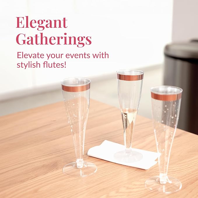 Prestee Set of 24 Plastic Champagne Flutes with Rose Gold Rim - 4.5 oz - Shatterproof Disposable Glasses - Elegant Design - Ideal for Weddings, Cocktail Parties, and Outdoor Celebrations