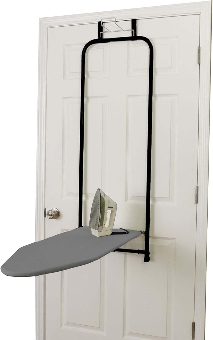 Household Essentials Over-The-Door Ironing Board with Iron Holder | Compact, Self-Closing Design with Cotton Cover and Padding | Space-Saving Ironing Board for Dorms, Apartments, and Small Spaces