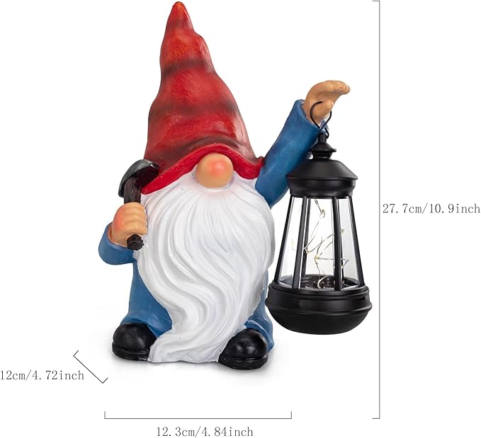 Garden Gnome Statue Solar Light Outdoor Decorations Figurine with Lantern Led Shovel Sculpture Lawn Patio Yard Porch Outside Christmas Housewarming Gifts for Women Mother's Day Grandma