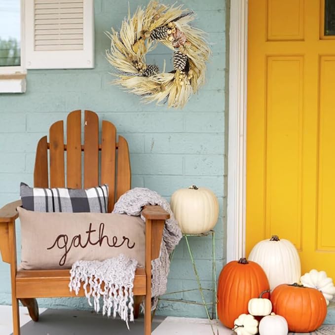 Admired By Nature Pumpkin Wheat Berry Corn Husk Wreath - 24" Artificial Hanging Wreath for Home Decor, Offices, Weddings, Events, Parties, Thanksgiving