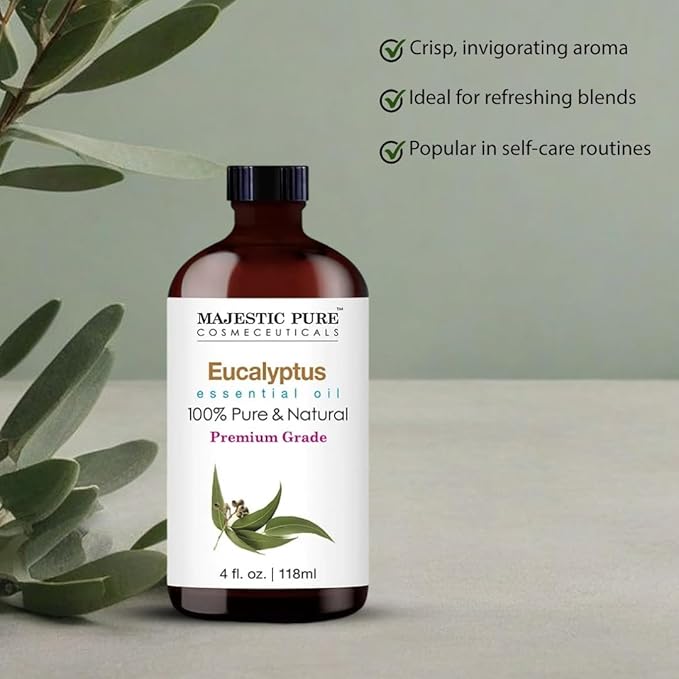 Majestic Pure Eucalyptus Essential Oil with Glass Dropper - 4 Fl Oz Pack of 2-100% Pure and Natural Eucalyptus Oil - Premium Grade Essential Oils for Diffuser, Aromatherapy, Soap and Candle Making