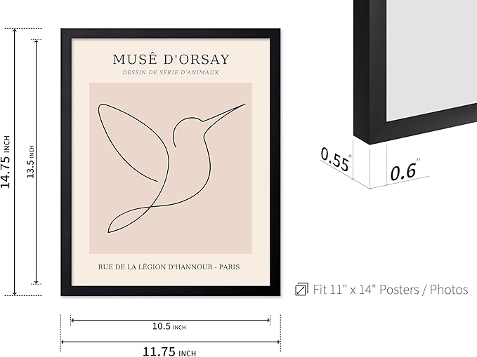 Poster Master Vintage Poster - Retro One Line Hummingbird Drawing Print - Bird Line Art - Minimal Gift for Him, Her, Animal Lover - Abstract Decor for Home, Office, 11x14 Black Framed
