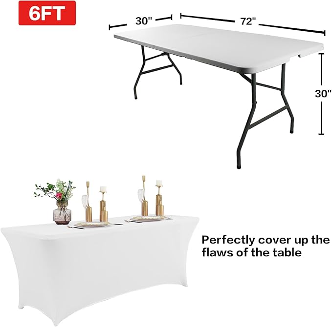 IVAPUPU 2 Pack 6FT Table Cloth for Rectangular Fitted Events Stretch White Table Covers Washable Spandex Spring Tablecloth Protector for Party, Wedding, Cocktail, Banquet, Festival
