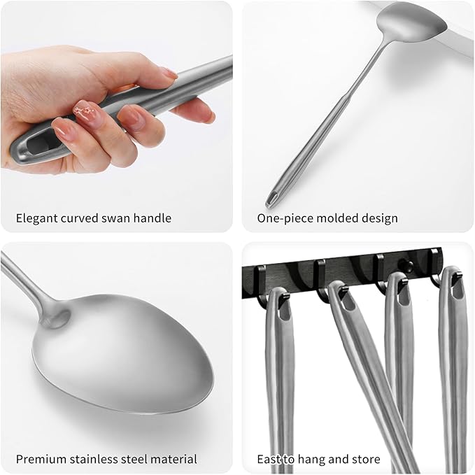 304 Stainlss Steel Kitchen Utensils Set, 12 Pcs Long Metal Cooking Utensil Gadgets Tools Set with Spatula, Ladle, Spoon, Ladle, Skimmer, Tunner, Pasta Server, Tongs(Silver, Dishwasher Safe)
