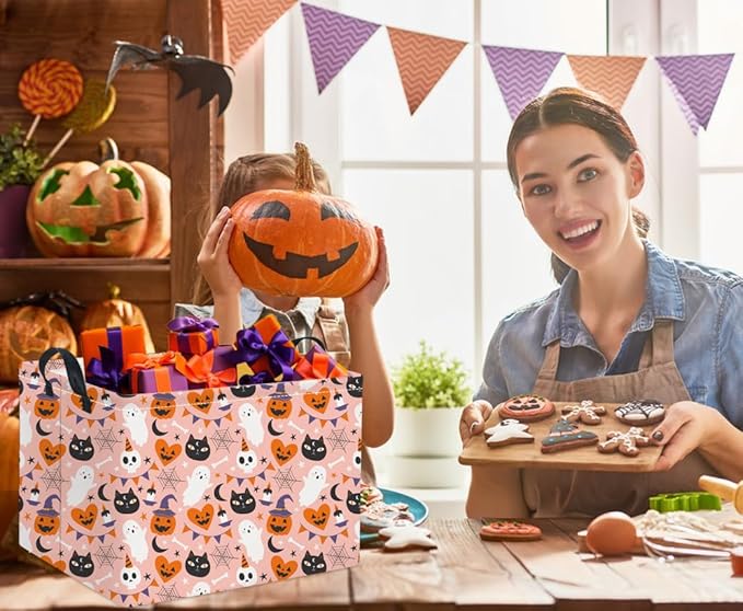 HIYAGON Rectangular Halloween Basket for Boys and Girls Kids Trick or Treat Pumpkin Basket for Halloween Parties Cute Storage Bin Organizer Box Room Decor(Pink Halloween)