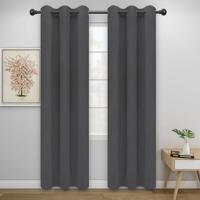Easy-Going Blackout Curtains for Bedroom, Solid Thermal Insulated Grommet and Noise Reduction Window Drapes, Room Darkening Curtains for Living Room, 2 Panels (34x84 in, Gray)
