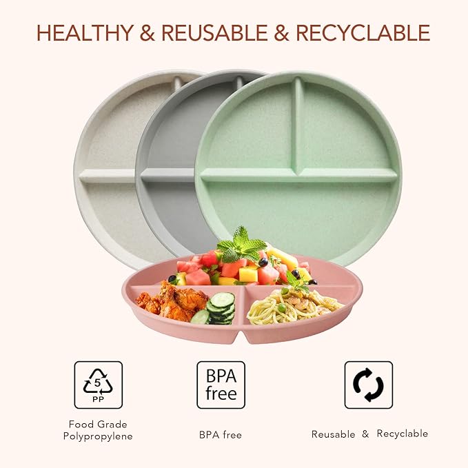 greenandlife 10 Inch 4PCS Unbreakable Portion Control Plates, Divided Plates for Kids Adults, Dishwasher & Microwave Safe Compartment Plate, Lightweight Reusable Wheat Straw Plate, BPA Free