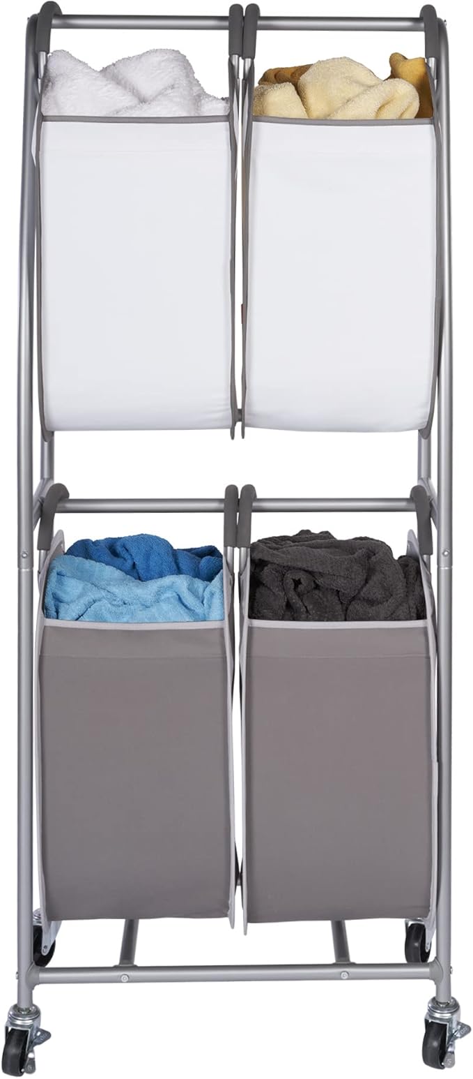 Neatfreak - 2 Tier Vertical Rolling Laundry Cart - Rolling Storage Cart On Wheels With 4 x Tote Hampers For Laundry, Towels, Blankets & Bathroom Organization - Quad Laundry Sorter