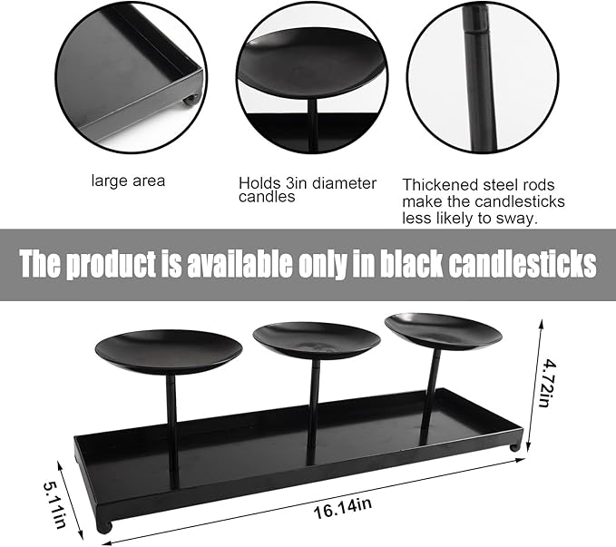 3 Pillar Black Metal Candle Holders for Table Centerpiece, Fall Thanksgiving & Halloween Dining Table, Fireplace Mantel Decor, Tray Candlestick for Living Room Rustic Decorations