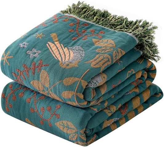 Boho Throw Blanket for Bed 80”x90”, 100% Cotton Woven Blanket for Couch Sofa, Ultra Soft 4-Layer Muslin Quilt with Bird Floral Printed, Farmhouse Bed Blanket/Cover for Living Room Decor