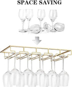 Wine Glass Rack - Under Cabinet Stemware Wine Glass Holder Glasses Storage Hanger 1 Pack Metal Organizer for Bar Kitchen 5 Rows Gold