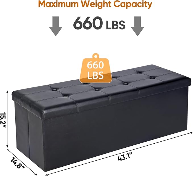 SUPER DEAL 43 Inch Folding Storage Ottoman Bench, Faux Leather Storage Chest Shoes Bench with Divider Padded Seat Couch Footrest for Bedroom Entryway, 660 lbs Capacity 43"x 15"x 15", Black