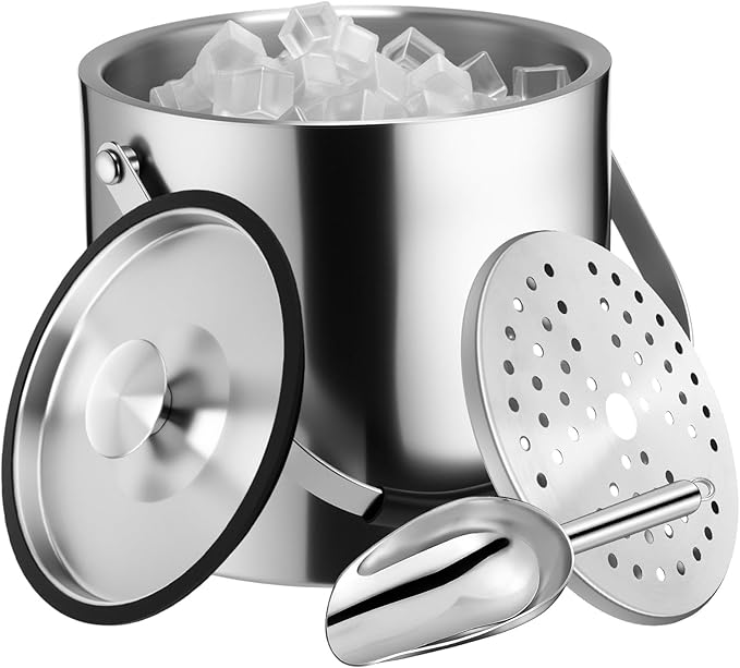 meekoo 3 L Double Wall Insulated Stainless Steel Ice Bucket with Lid, Scoop, Strainer, Handle Large Wine Ice Bucket Upgraded Cover Keep Frozen Longer for Cocktail Bar Parties(Silver)